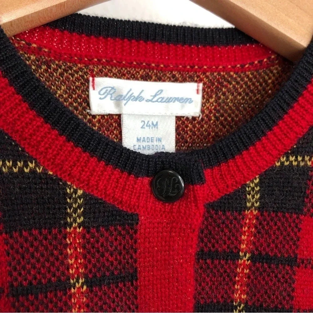 NWT Ralph Lauren Christmas sweater red tartan plaid cardigan 100% wool 24 months